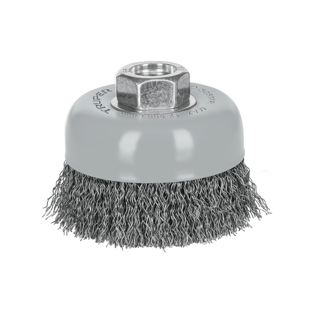 Carda para esmeril copa 5" de alambre ondulado grueso con multi-rosca