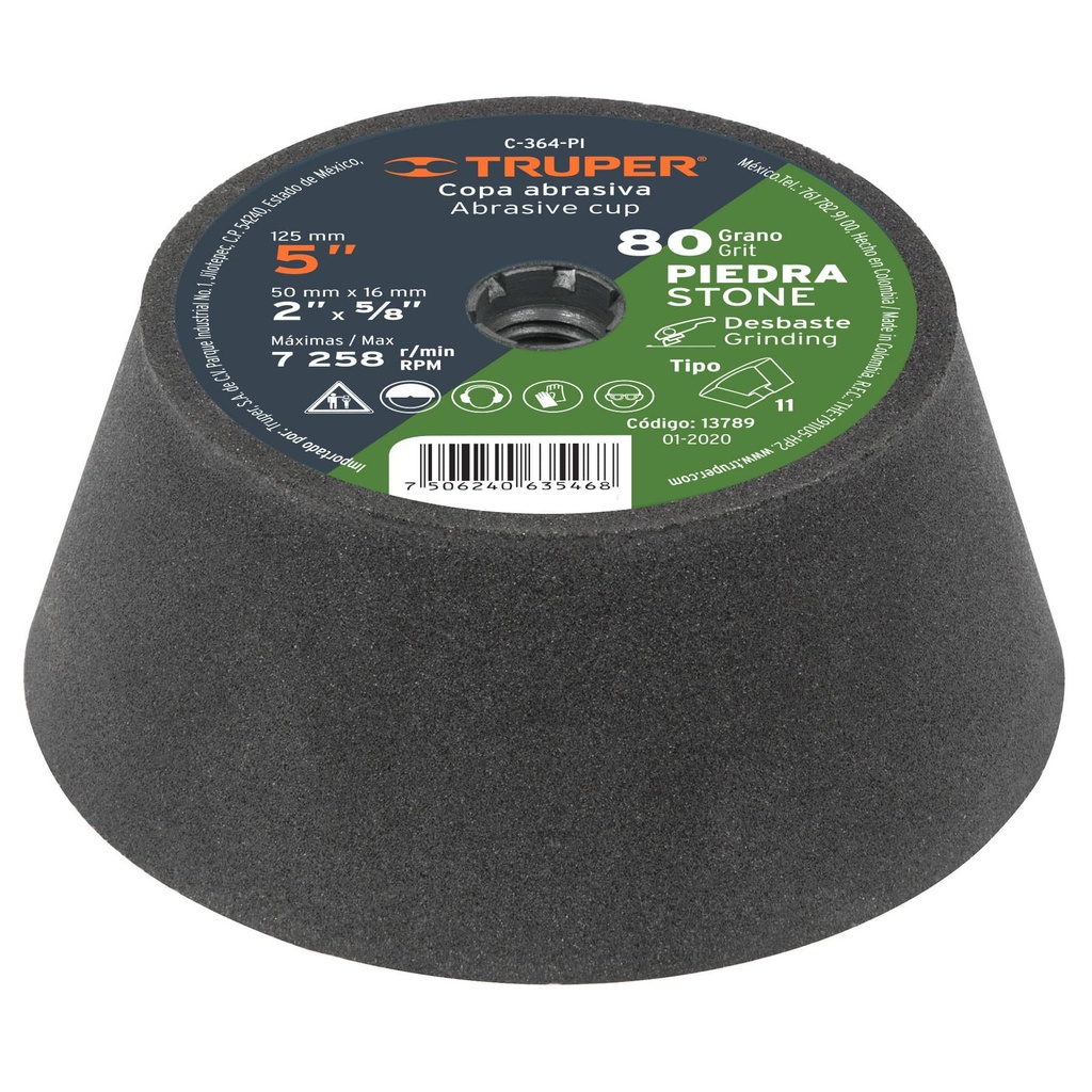 Copa para piedra de 5" con entrada 5/8" grano 80 truper