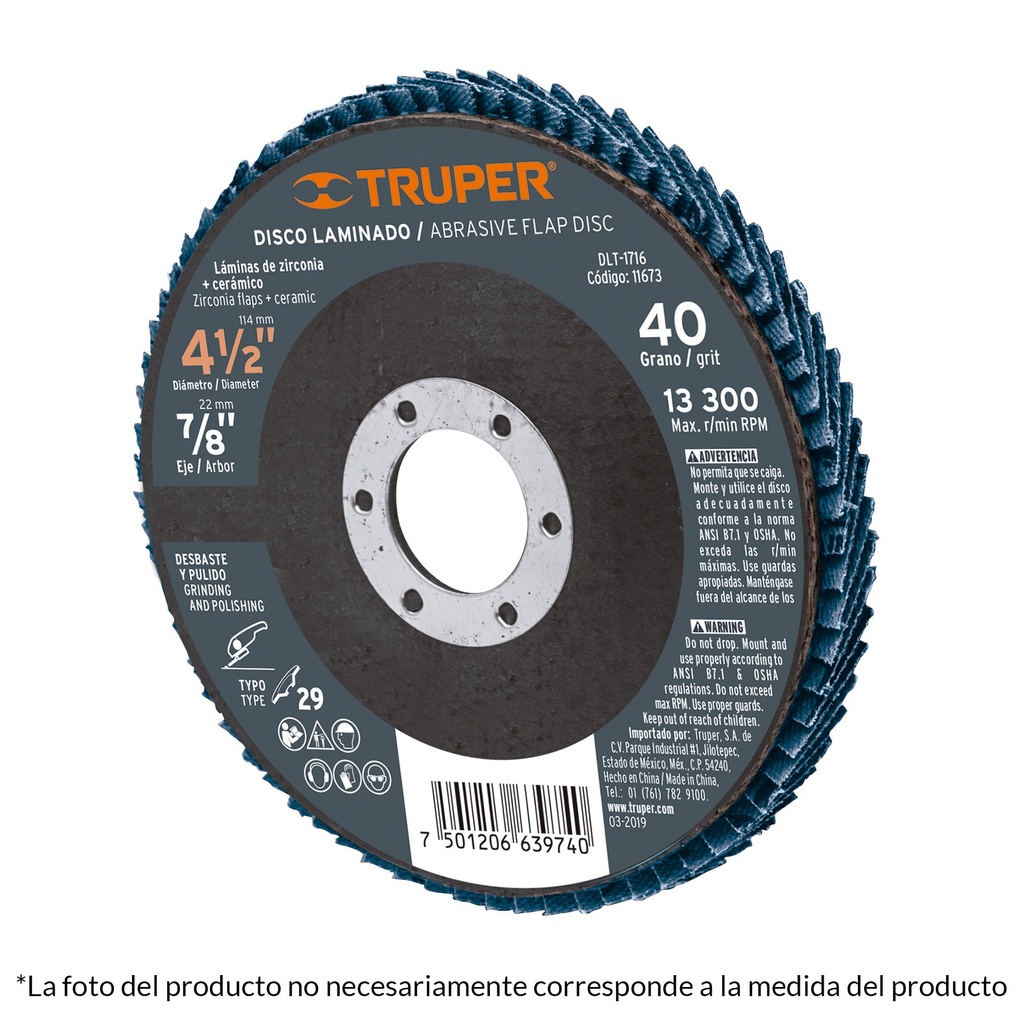 Disco laminado grano 60 de 4 1/2" truper