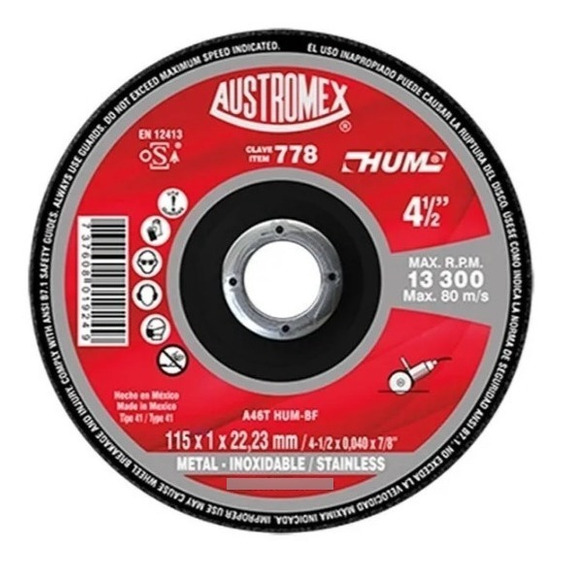 Disco para corte de metal de 4 1/2" hum (AUS778)