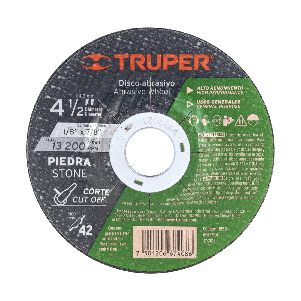 Disco para corte de piedra alta durabilidad de 4 1/2"