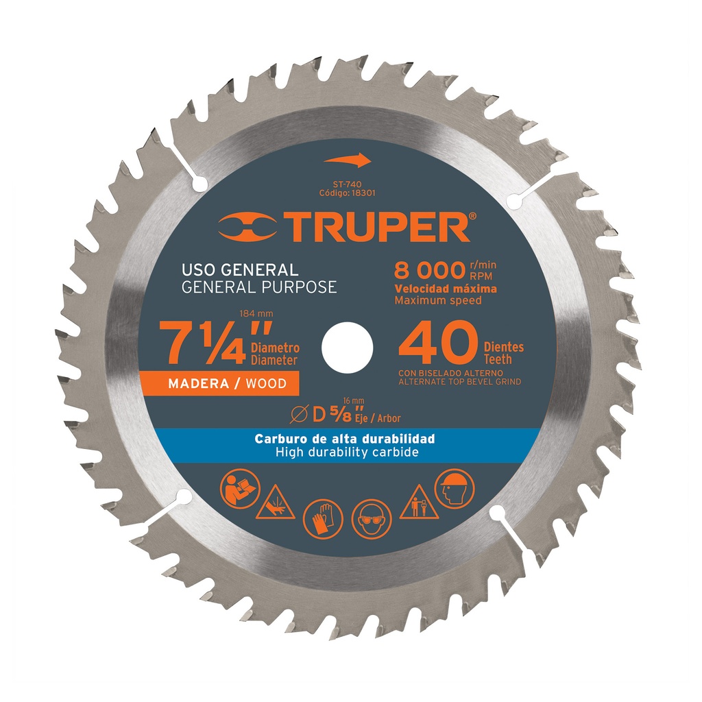 Disco sierra 7 1/4" para madera 40 dientes con centro de 5/8"