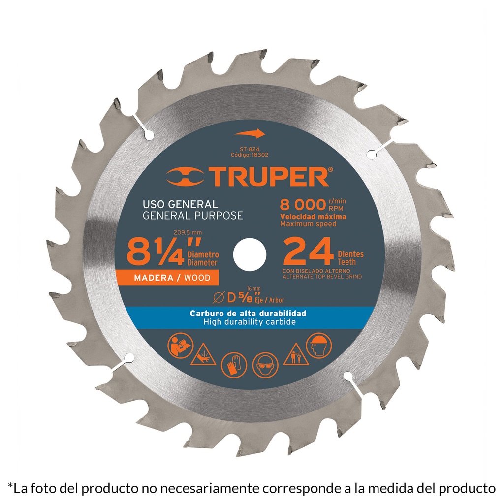 Disco sierra 8 1/4" para madera 24 dientes con centro de 5/8"