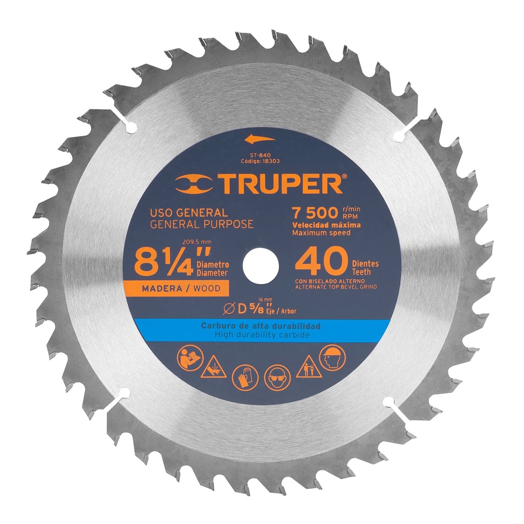 Disco sierra 8 1/4" para madera 40 dientes con centro de 5/8"