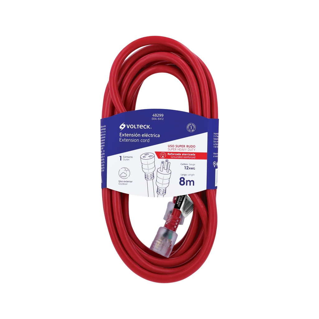 Extensión eléctrica de uso súper rudo color rojo de 8 mts