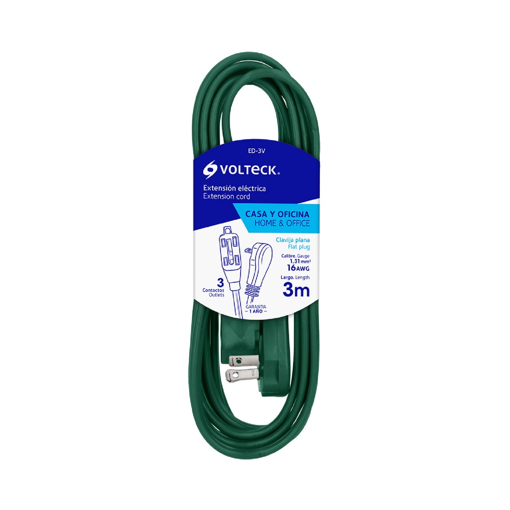 Extensión eléctrica domestica con clavija plana de 3 mts verde