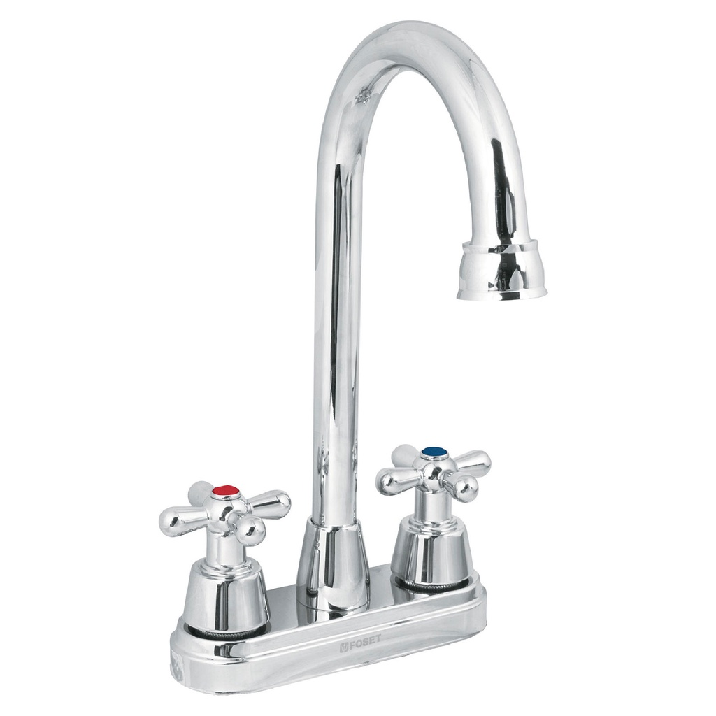 Mezcladora para lavabo de 4" cuello bar con manerales tipo cruceta