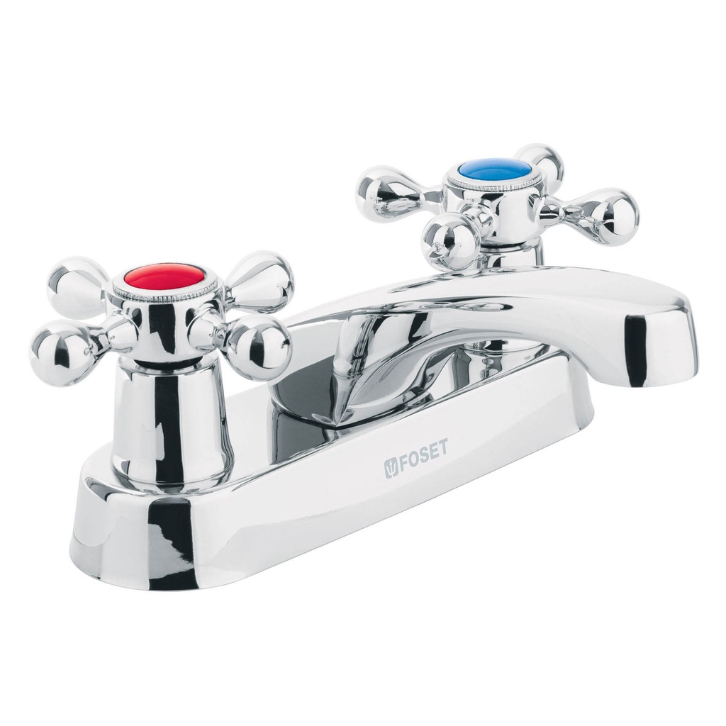 Mezcladora para lavabo de 4" cuello largo con manerales tipo cruceta