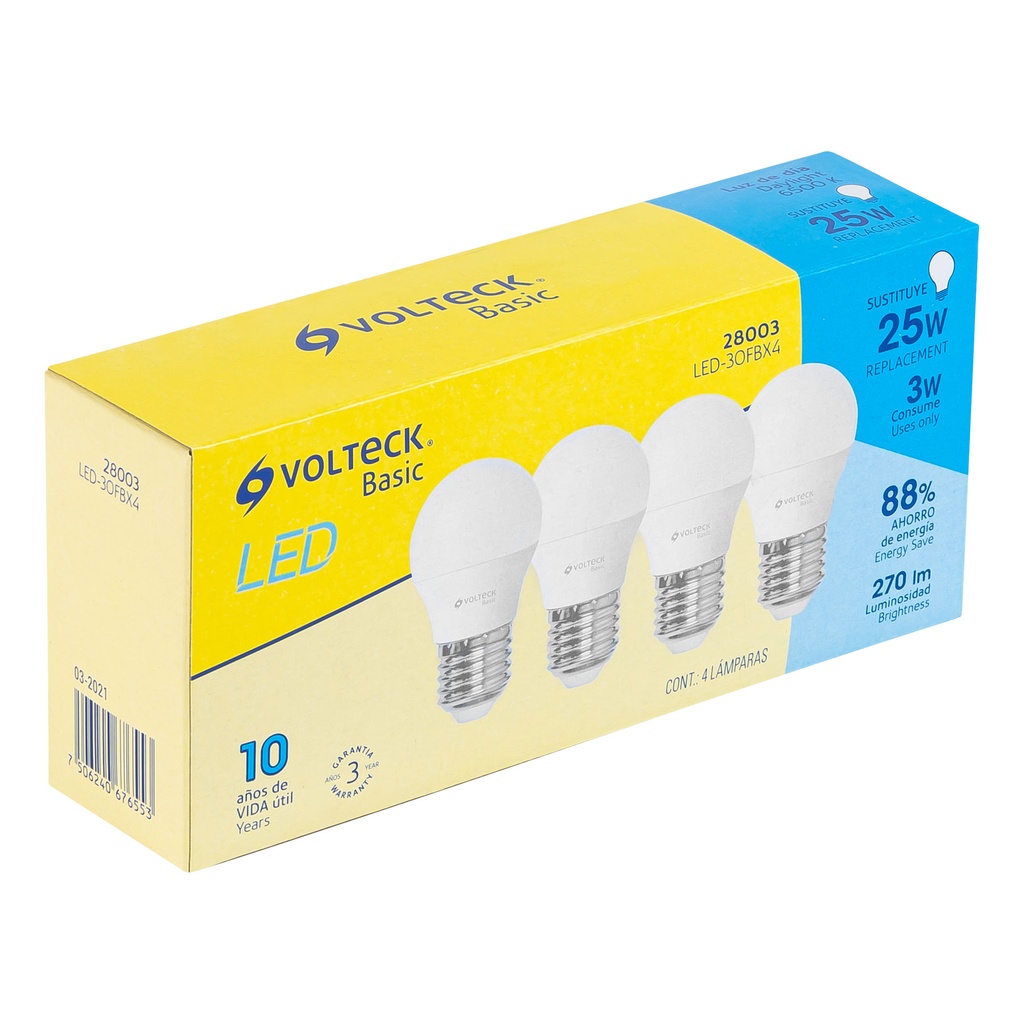 Paquete de 4 lamparas led tipo bulbo de 3 w luz de dia