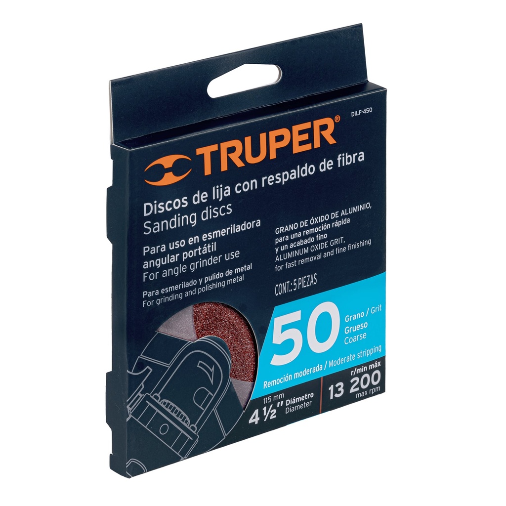 Paquete de 5 discos de lija con respaldo de fibra grano 50 de 4 1/2"