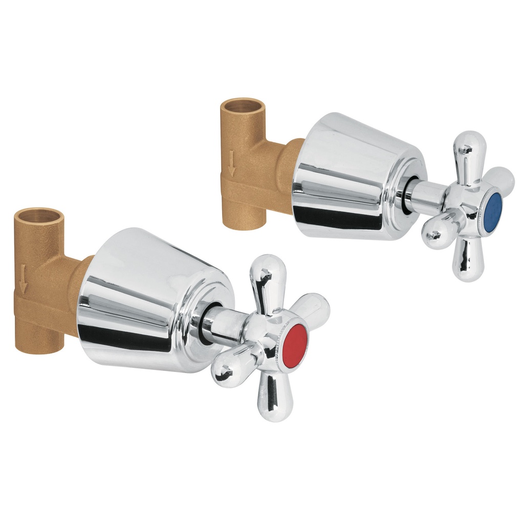 Par de llaves de bronce soldables para regadera con manerales tipo cruceta