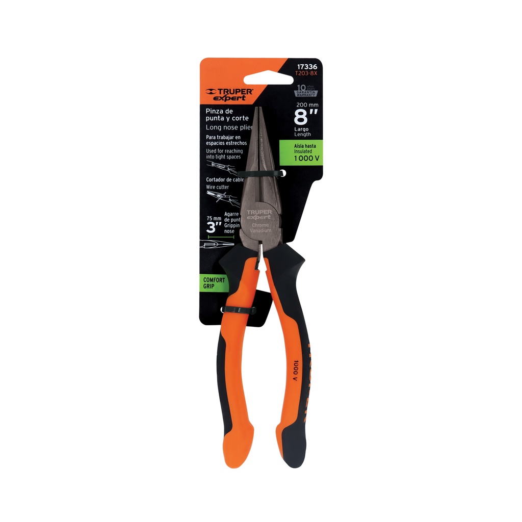 Pinza de punta y corte de 8" con mango comfort