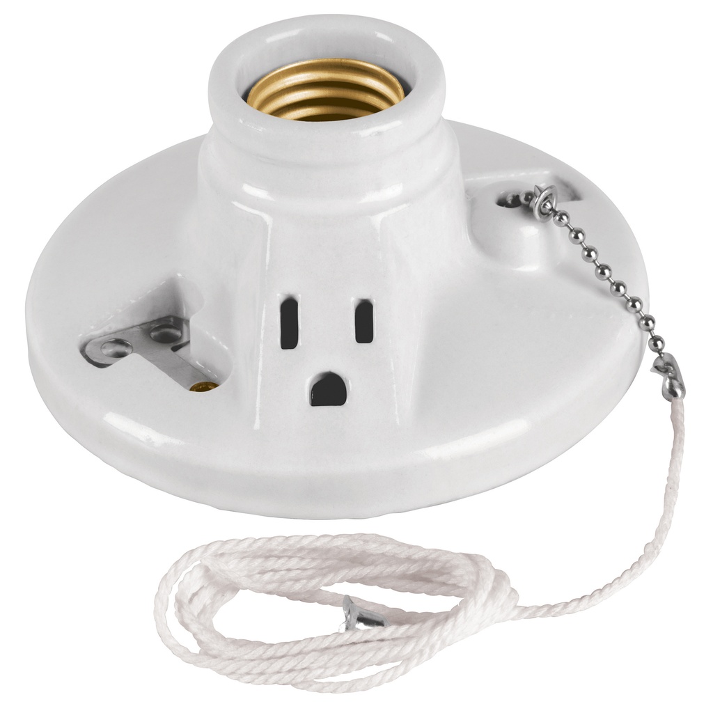 Portalampara circular de porcelana con interruptor y 2 contactos