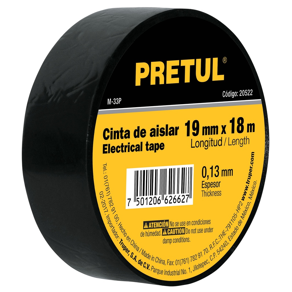 Rollo de cinta de aislar de 3/4" x 18 mts negra pretul