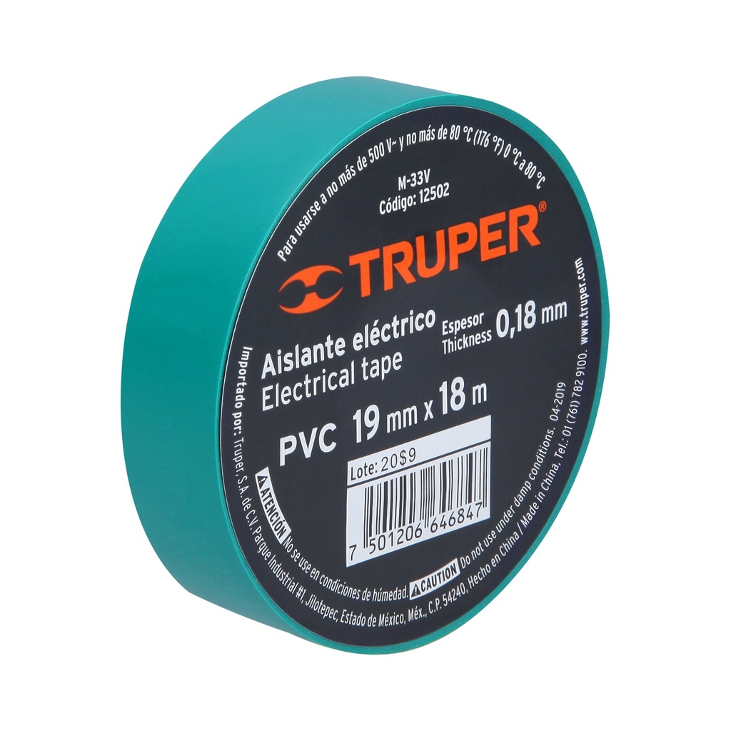 Rollo de cinta de aislar de 3/4" x 18 mts verde