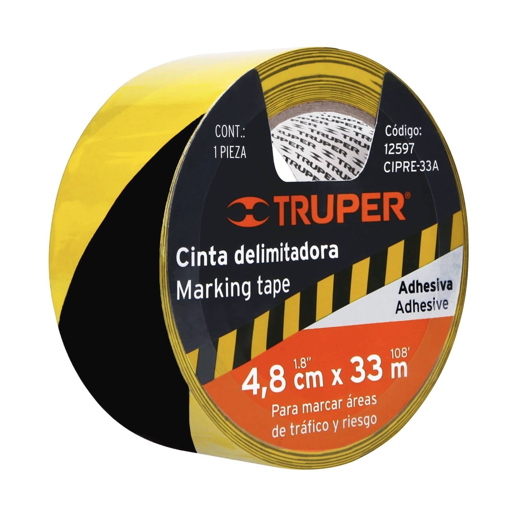 Rollo de cinta delimitadora amarilla con negro de 33 mts