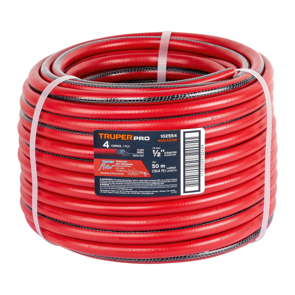 Rollo de manguera roja con 4 capas de 1/2" x 50 mts con conexiones