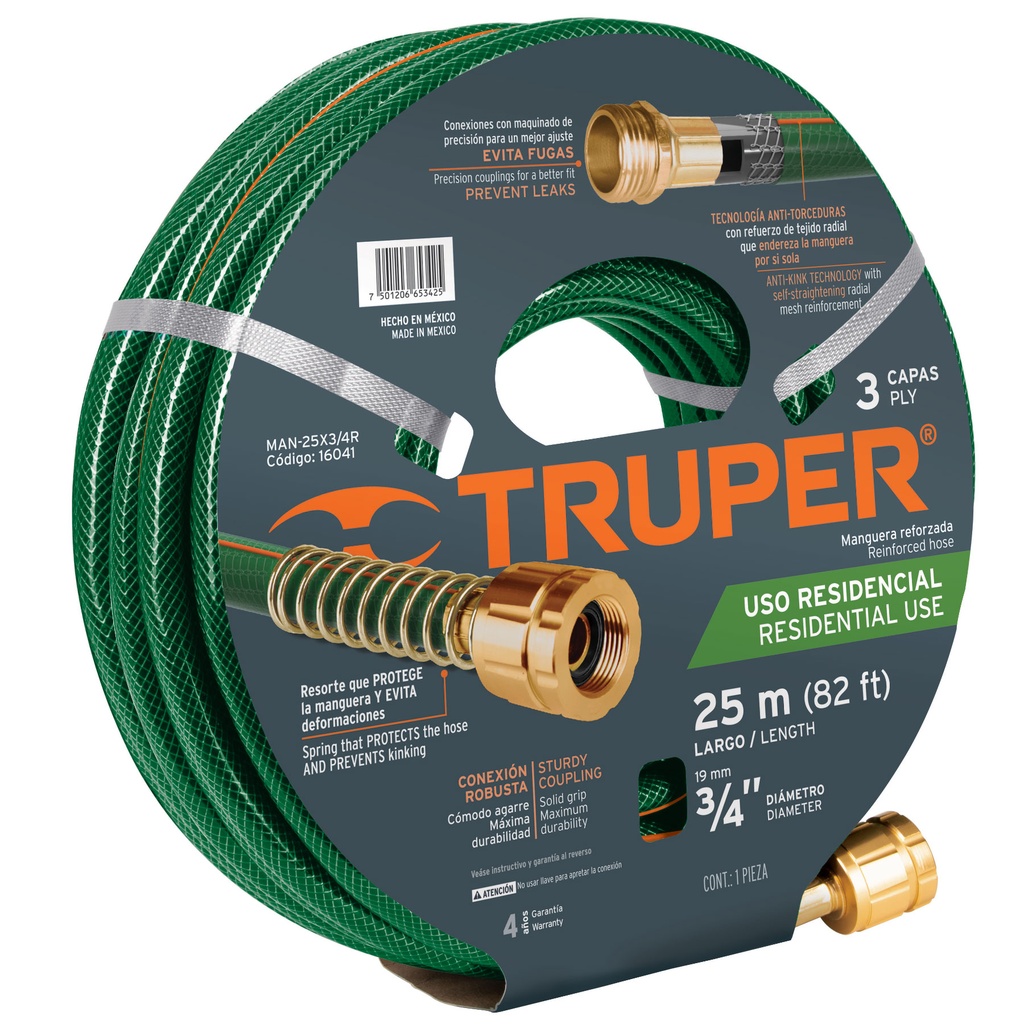 Rollo de manguera verde con 3 capas de 3/4" x 25 mts con conexiones