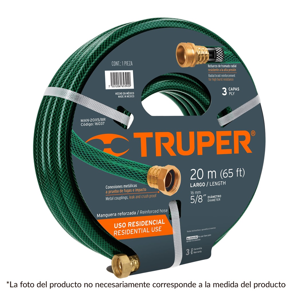 Rollo de manguera verde con 3 capas de 5/8" x 15 mts con conexiones