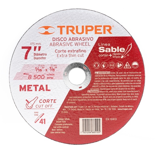 [12546] Disco para corte de metal 7"