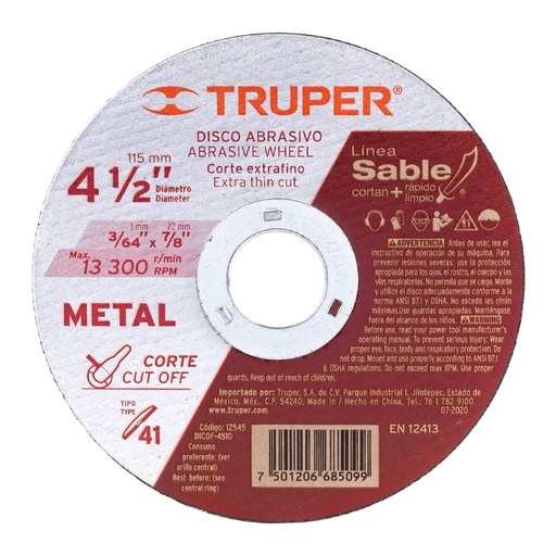 [12545] Disco para corte de metal corte fino de 4 1/2"