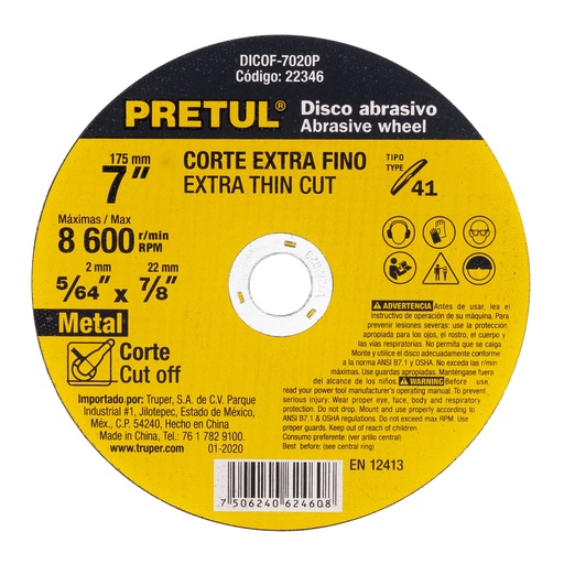[22349] Disco para corte de metal corte fino de 7"