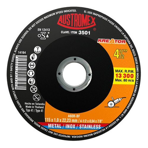 [AUS3501] Disco para corte de metal/acero inoxidable 4 1/2" kreator (AUS3501)