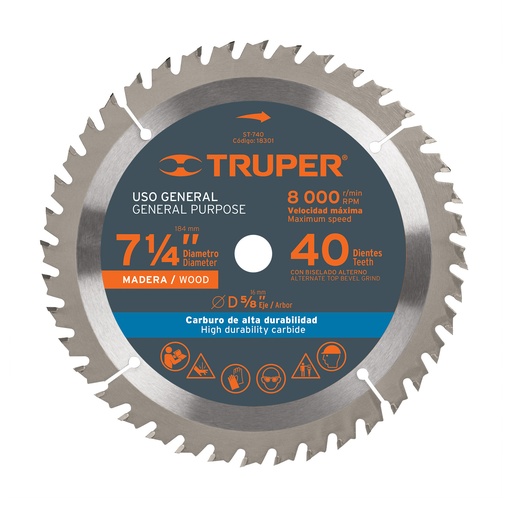 [18301] Disco sierra 7 1/4" para madera 40 dientes con centro de 5/8"