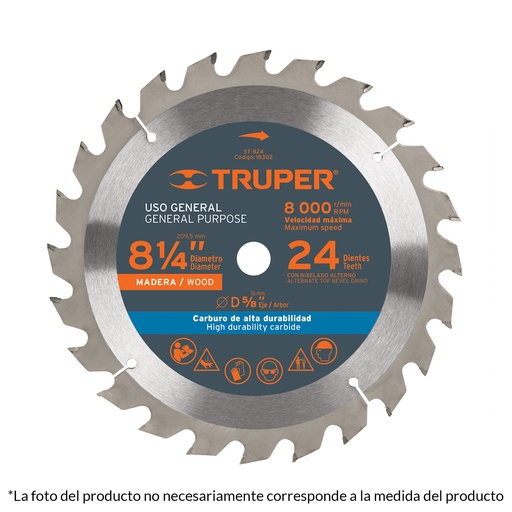 [18302] Disco sierra 8 1/4" para madera 24 dientes con centro de 5/8"