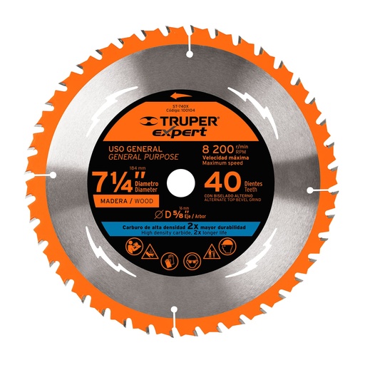 [100104] Disco sierra para madera de 7 1/4" 40 dientes centro de 5/8"