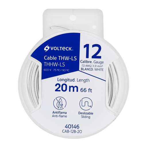 [40146] Rollo de cable thw color blanco  C-12 contiene 20 mts