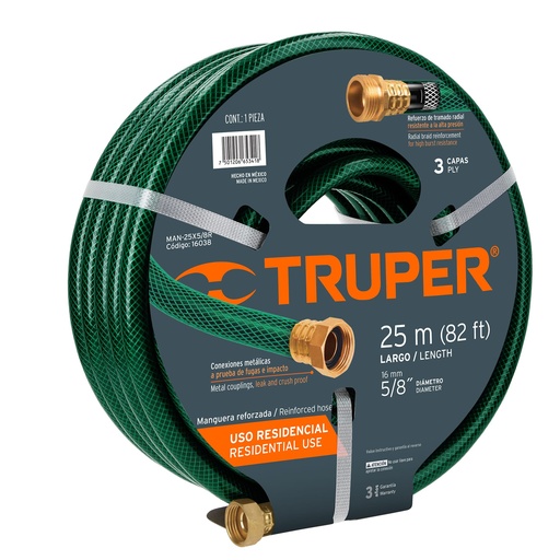 [16030] Rollo de manguera verde con 3 capas de 1/2" x 10 mts con conexiones