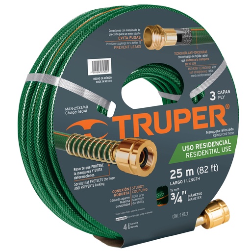 [16041] Rollo de manguera verde con 3 capas de 3/4" x 25 mts con conexiones
