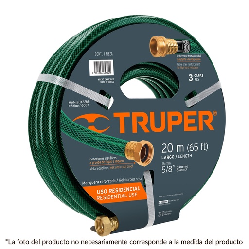 [16036] Rollo de manguera verde con 3 capas de 5/8" x 15 mts con conexiones